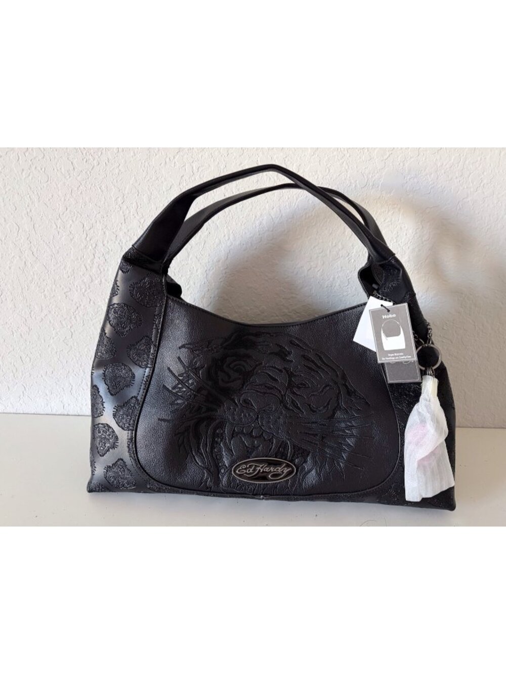 Ed Hardy Large Black Engraved Embossed Tiger & Logo Hobo Bag Purse VIRAL NEW